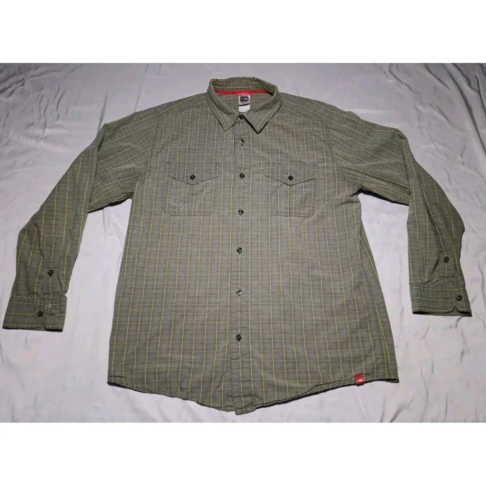 North Face Mens L Long Sleeve  Outdoor Button Front Shirt Green Yellow